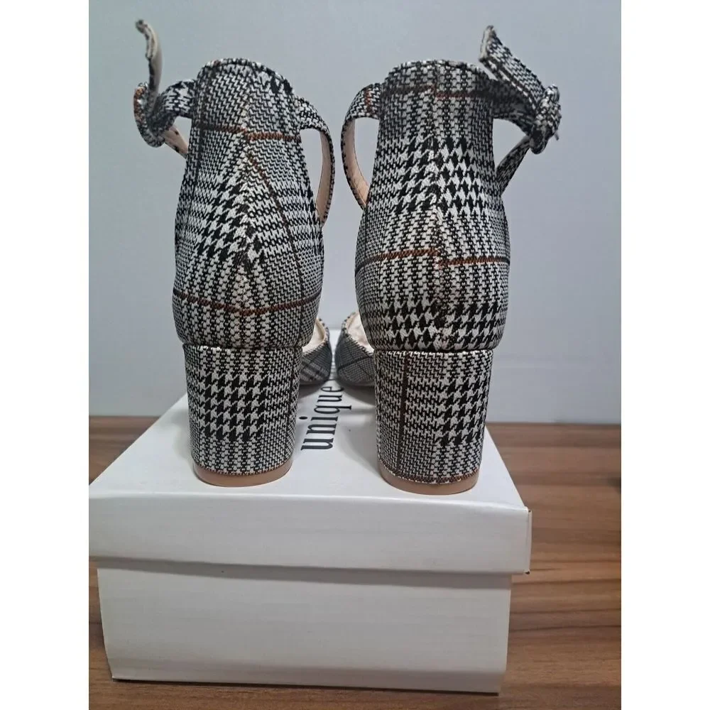 Unique Vintage Shoes Womens Size 8 Black Gray Houndstooth Plaid‎ Black Toe Cap